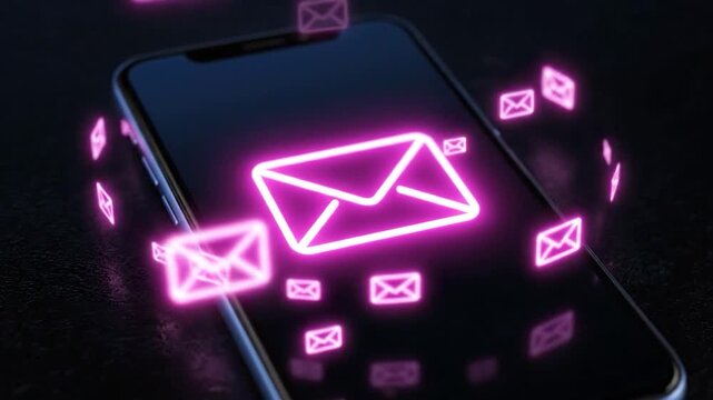 Neon email icons emanate from a smartphone, creating a futuristic digital communication aesthetic