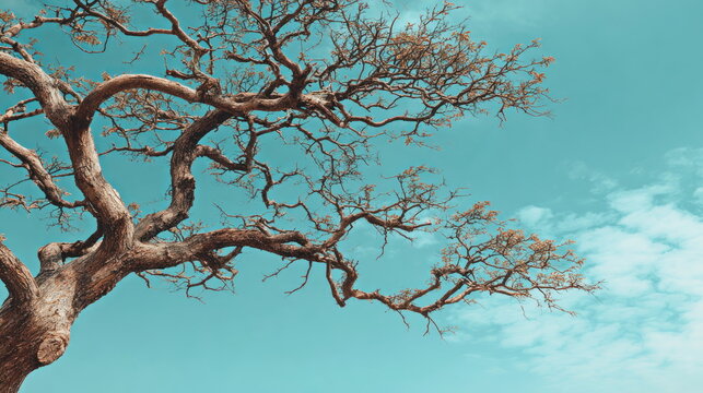 Twisted Bare Tree Branches Extending across Vivid Turquoise Sky with Wispy Clouds Minimal Nature Background Concept