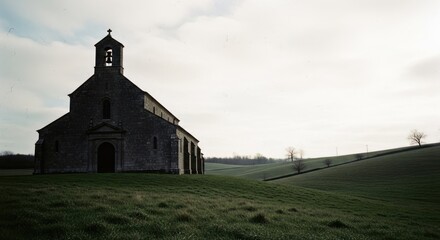Fototapeta premium Stone church on a grassy hill under a cloudy sky, serene rural setting