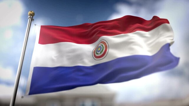 National flag of Paraguay waving proudly on a silver flagpole outdoors
