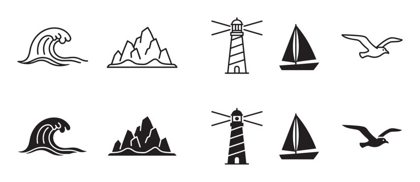 Set of black nautical icons featuring a wave, rocks, lighthouse, sailboat, and seagull in both outline and solid silhouette styles for graphic design