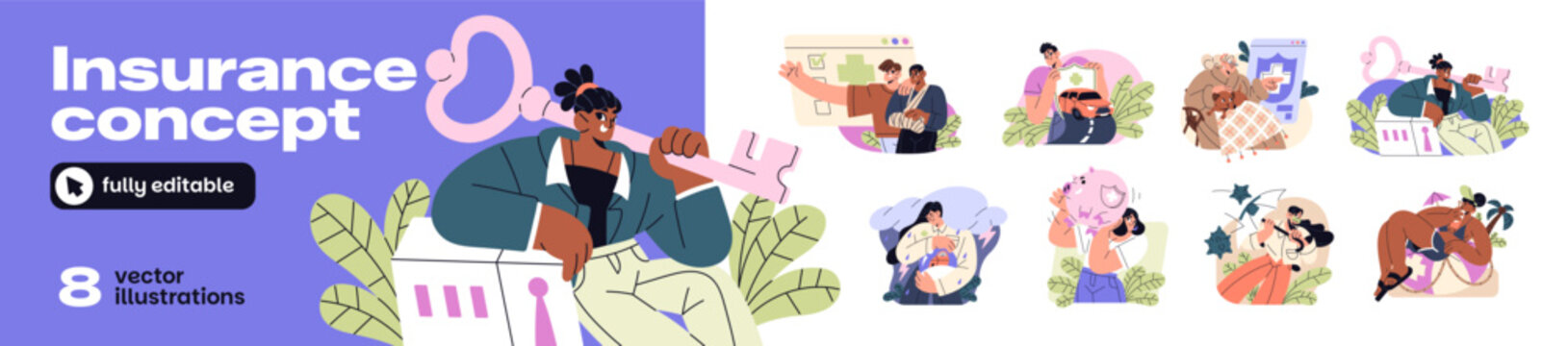 Concept set of insurance policy. Assurance claims. Protection of health, life, car, real estate. Fee for medicine services and emergency accidents. Flat isolated vector illustrations on white.