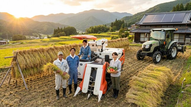 夕暮れの棚田で笑顔を見せる農家と最新の農機具：持続可能な農業のイメージ