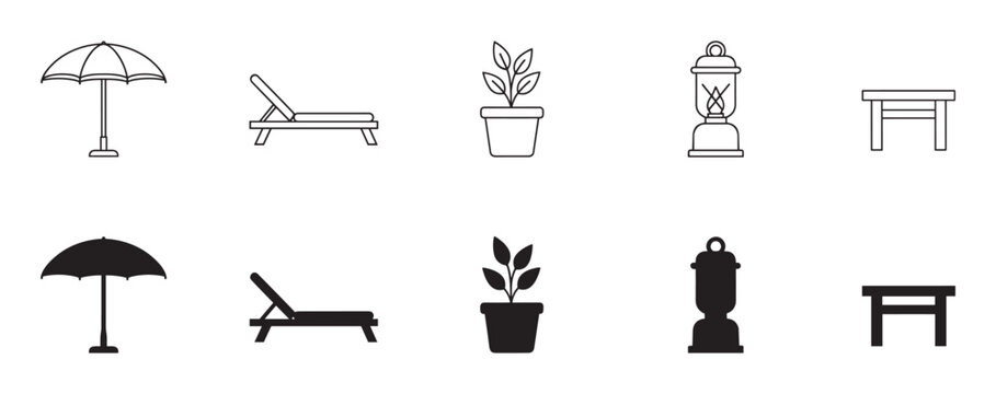 Set of garden and patio furniture icons featuring an umbrella, lounge chair, plant, lantern, and table, presented in both line art and solid silhouette vector styles