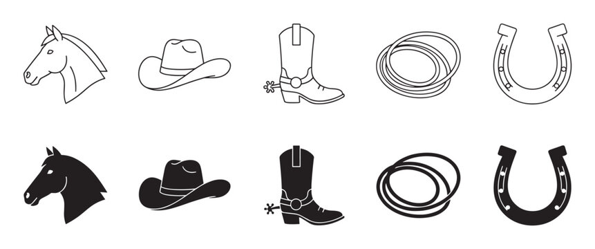 Set of black cowboy western icons including a horse head, hat, boot, lasso, and horseshoe presented in both outline and solid silhouette styles for graphic design