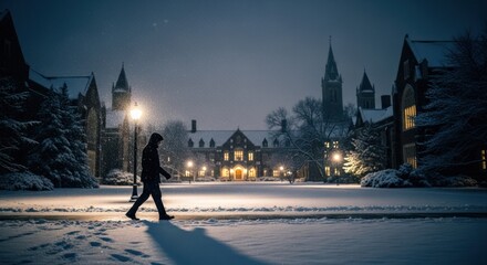 Obraz premium Winter night scene Person walks snowy path, buildings glow softly in background