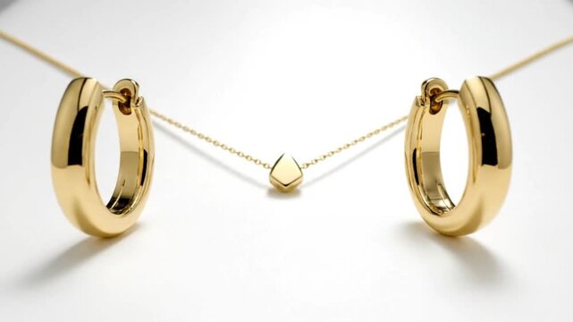 Minimalist 14k yellow gold jewelry set featuring a geometric kite-shaped pendant necklace and polished hoop earrings on a clean white background