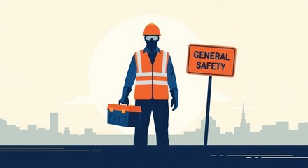 Worker holds tools and a safety sign, urban background