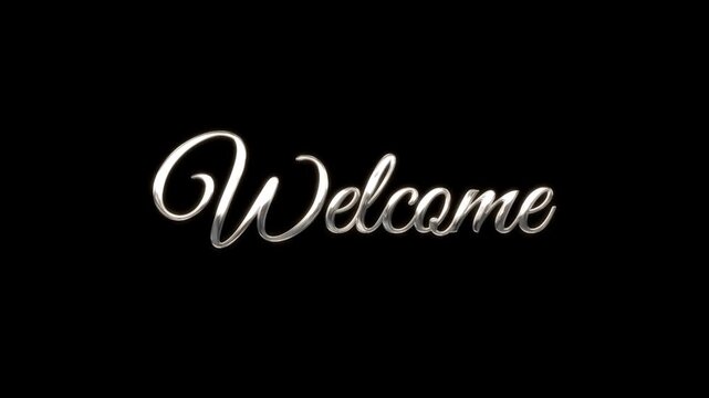 Animated the word "welcome" in silver cursive text with a glow, perfect for greeting cards, invitations, banners, or social media posts. Bright, elegant, inviting design.
