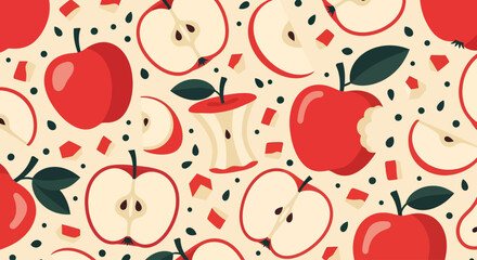 A playful vector pattern displays red apples in various states, from whole fruits with leaves to seeded halves and a bitten core, scattered across a cream background