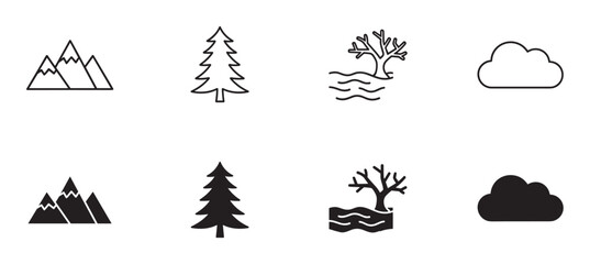 Set of black nature icons featuring mountains, pine trees, a dead tree in water, and clouds, presented in both thin line art and solid silhouette styles