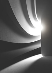 Abstract gray curved structures cast shadows; a sliver of light enters a void
