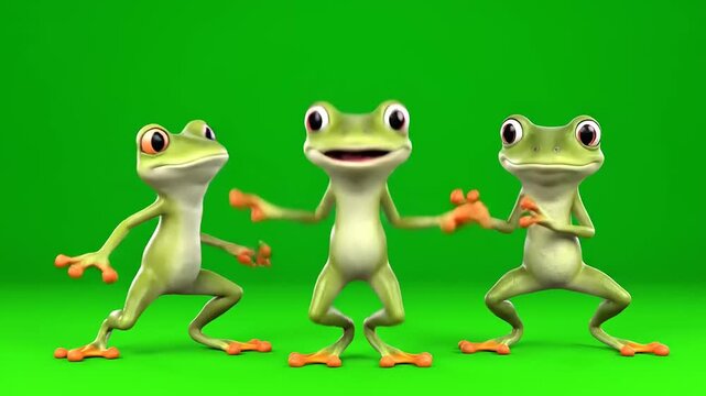 Three happy cartoon frogs dancing and jumping around in a playful manner against a vibrant green background