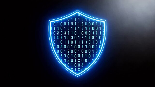 Blue neon shield with binary code
