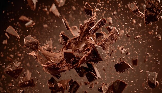 A close-up view of shattered chocolate pieces flying through the air with a brown background