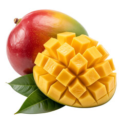 Fresh mango fruit with green leaves isolated on transparent background