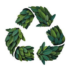 Recycling symbol made of green leaves isolated on transparent background