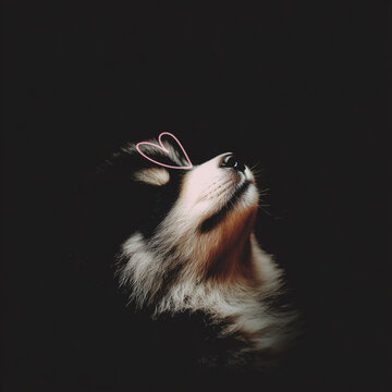 Cute happy humorous puppy silhouette in pose with his head up with heart on the eyes against black background focused for valentines day 