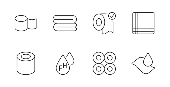 Hygiene product set icon. Toilet paper, towel, roll, pH drop, napkin, fabric, cleaning item, sanitary supply, soft texture, bathroom essentials.