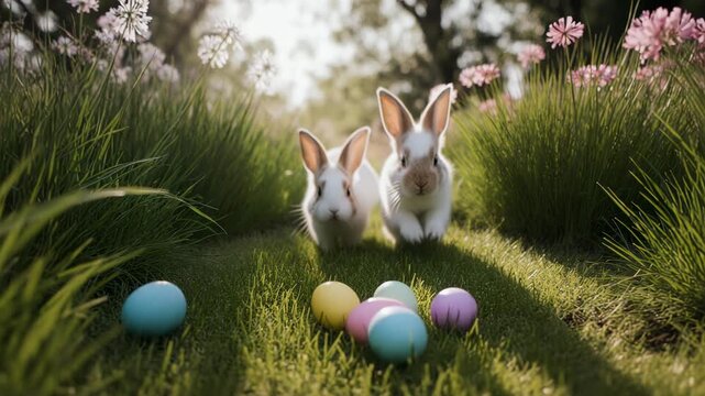 dois coelhos da P&aacute;scoa a correr atr&aacute;s de am&ecirc;ndoas da que rolam sobre a relva