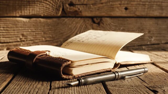 Open Book and Fountain Pen on Wooden Desk.