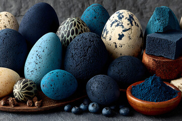 Obraz premium Diverse Array of Artistic Blue Easter Eggs with Texture and Detail for Holiday Decor