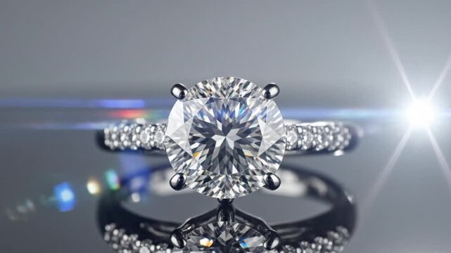 Stunning diamond solitaire engagement ring with a pav&eacute; band shimmering on a reflective gray surface with light flares.