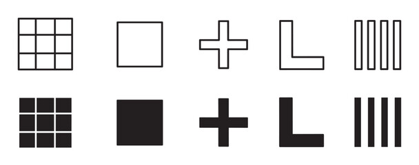 Obraz premium Collection of ten black geometric shapes including a grid, square, plus, and L-shape, presented in both outline and solid filled styles for a minimalist graphic design concept