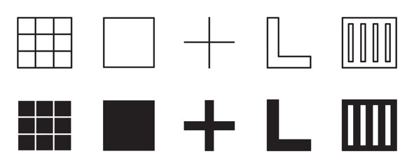 Set of black geometric icons and shapes in two distinct styles, featuring thin line art outlines and bold solid filled silhouettes for graphic design elements