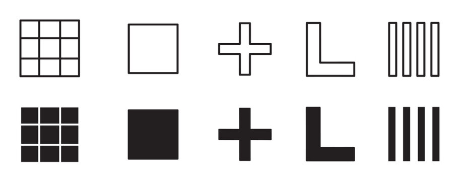 Collection of ten black geometric shapes including a grid, square, plus, and L-shape, presented in both outline and solid filled styles for a minimalist graphic design concept