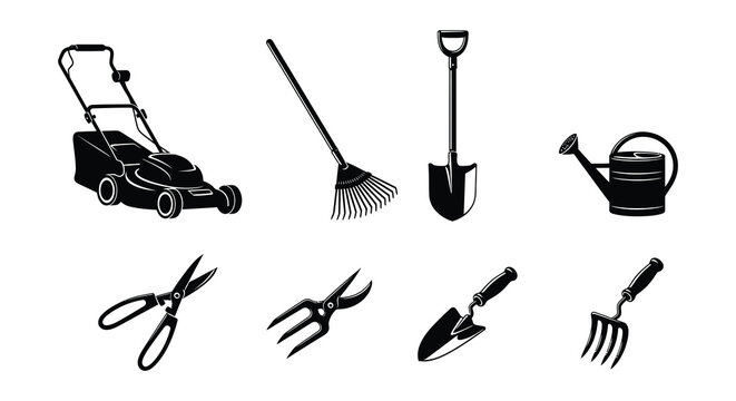 Black silhouette icons depicting various gardening tools and equipment