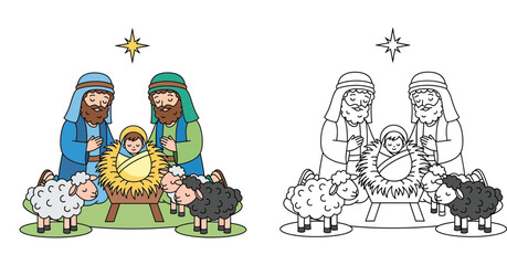Fototapeta premium Cute Christmas Nativity Scene with Shepherds, Sheep and Baby Jesus, Colored and Outline Coloring Page Vector Illustration