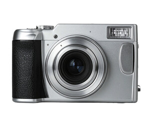A metallic silver digital camera with a black grip on a black background, centered