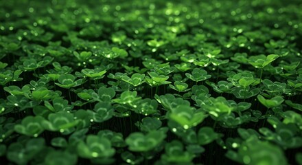 Vibrant Green Clover Patch with Dew Drops in Soft Focus