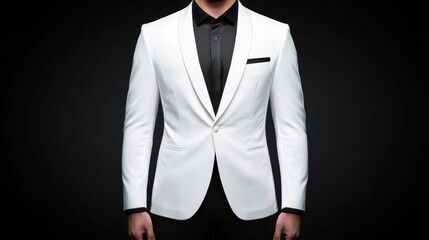 A man wearing a white suit with a black shirt and pocket square.