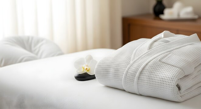 A neatly folded white spa robe ready on a tranquil massage table, with an orchid and stone, for a luxurious relaxation and rest concept