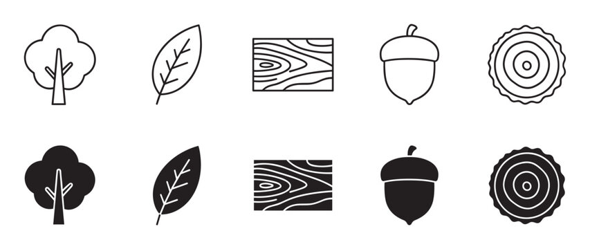 Black and white tree and wood icon set featuring a leaf, acorn, lumber texture, and trunk rings in simple line art and solid silhouette vector styles