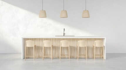 A modern kitchen with a white countertop, wooden bar stools, and three hanging pendant lights.