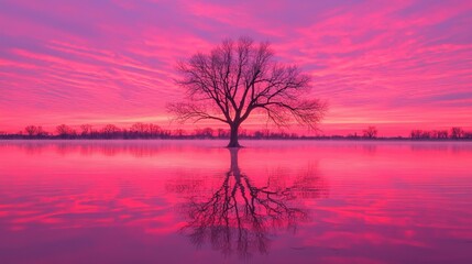 A lone tree stands in a calm body of water, its silhouette reflected in the still surface, with a vibrant pink and purple sky as the backdrop.