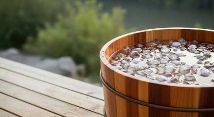 Serene wooden tub with ice floating outdoors on a deck, offering a refreshing cold plunge therapy and rest concept for wellness