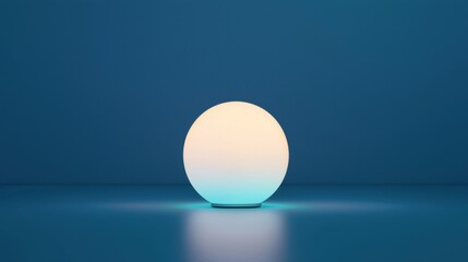 A white sphere with a gradient of blue and yellow light sits on a reflective surface.