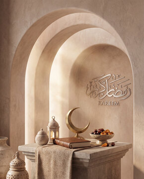 Elegant Ramadan Kareem Product Scene with Nude Arches and Cinematic Soft Lighting, 8K Hyper-Realistic Background with Premium Textures