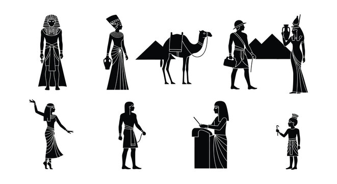 Ancient egypt themed silhouettes depicting people animals and pyramids
