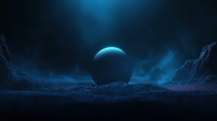 A blue planet with a glowing ring sits in the center of a dark, rocky landscape.