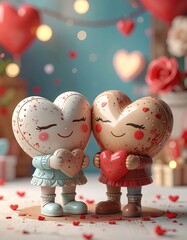 Fototapeta premium Animated heart-shaped figures in love with heart-shaped balloons