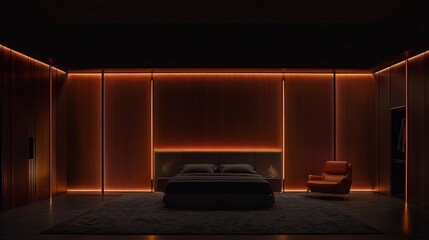 A modern bedroom with a large bed, orange accent wall, and a brown leather armchair.