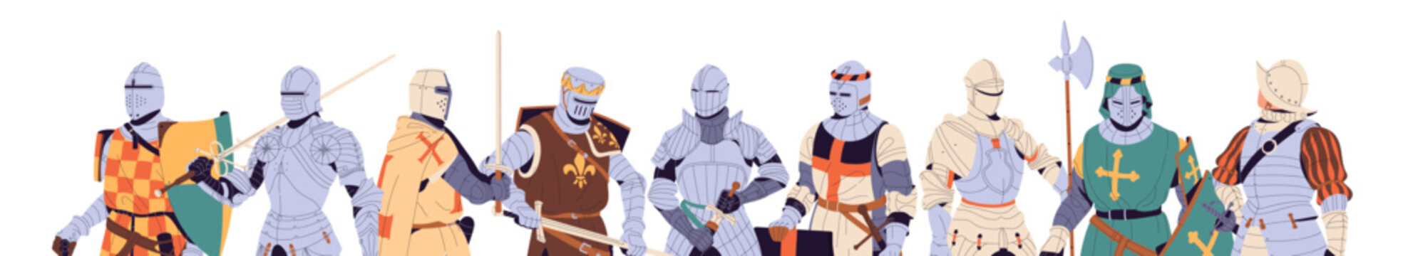 Banner with row of medieval knights. Group of ancient warriors with armor, swords, shields. Squad of crusaders with weapons standing together. Flat isolated vector illustration on white background.
