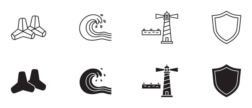 Black and white maritime safety icon set featuring a lighthouse, tetrapod breakwaters, an ocean wave, and a shield symbol, shown in minimalist outline and filled glyph styles