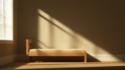 A wooden bed with a white mattress sits in a sunlit room.
