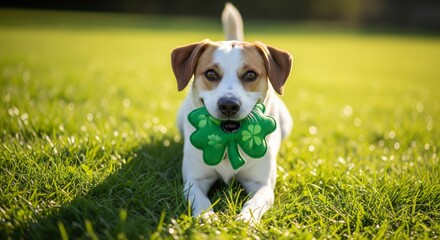 Jack Russel Terrier Holding Green Shamrock Toy in Green Field